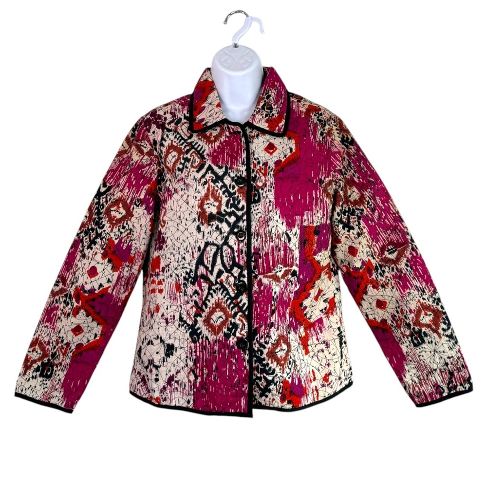 Vintage Y2K Lightweight Quilted Jacket Sz M Wearable Art Abstract Print Eclectic